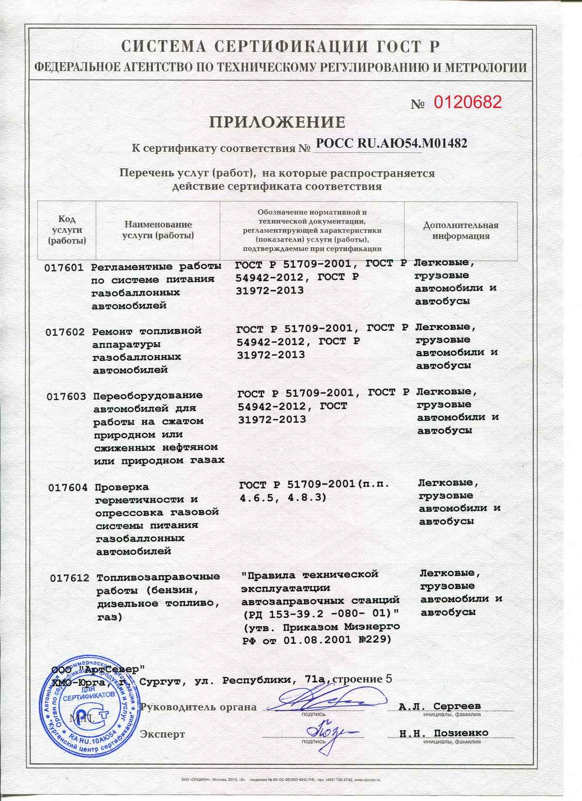 Приложение к сертификату - "АвтоГаз", Сургут, Ханты-Мансийский АО